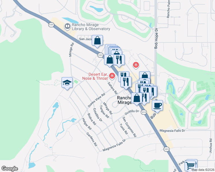 map of restaurants, bars, coffee shops, grocery stores, and more near 42278 Dunes View Road in Rancho Mirage