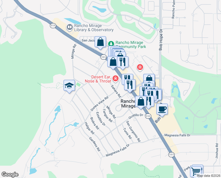 map of restaurants, bars, coffee shops, grocery stores, and more near 42278 Dunes View Road in Rancho Mirage