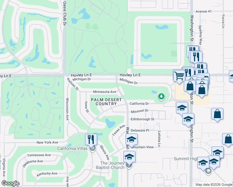 map of restaurants, bars, coffee shops, grocery stores, and more near 77385 Minnesota Avenue in Palm Desert
