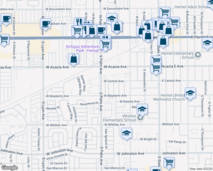 map of restaurants, bars, coffee shops, grocery stores, and more near 411 South Simpson Avenue in Hemet