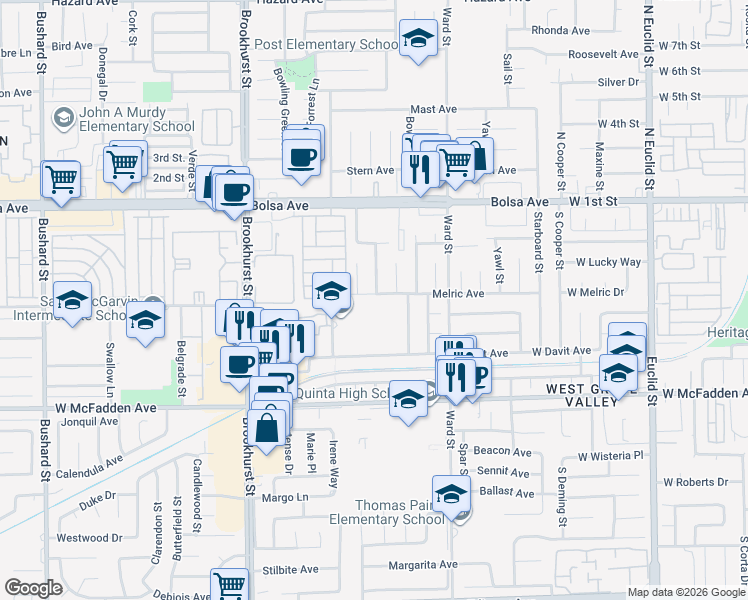 map of restaurants, bars, coffee shops, grocery stores, and more near 10312 Melric Avenue in Westminster