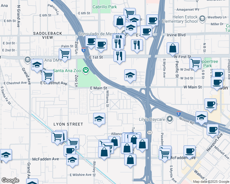 map of restaurants, bars, coffee shops, grocery stores, and more near 16532 Lorelei Lane in Tustin