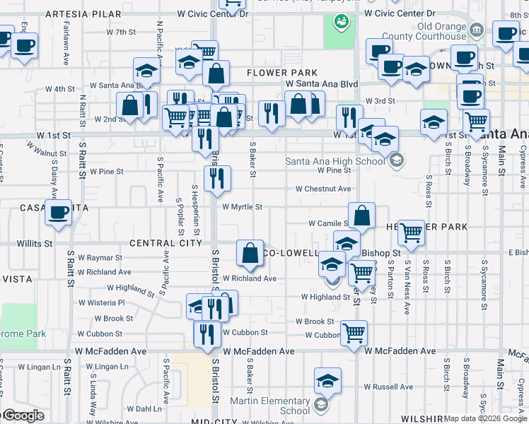 map of restaurants, bars, coffee shops, grocery stores, and more near 438 South Rosewood Avenue in Santa Ana