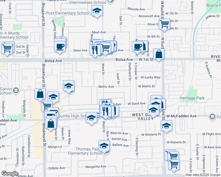 map of restaurants, bars, coffee shops, grocery stores, and more near 10562 West Barbette Avenue in Santa Ana