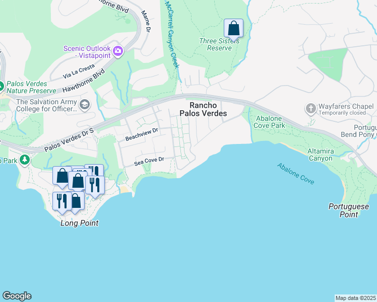 map of restaurants, bars, coffee shops, grocery stores, and more near in Rancho Palos Verdes