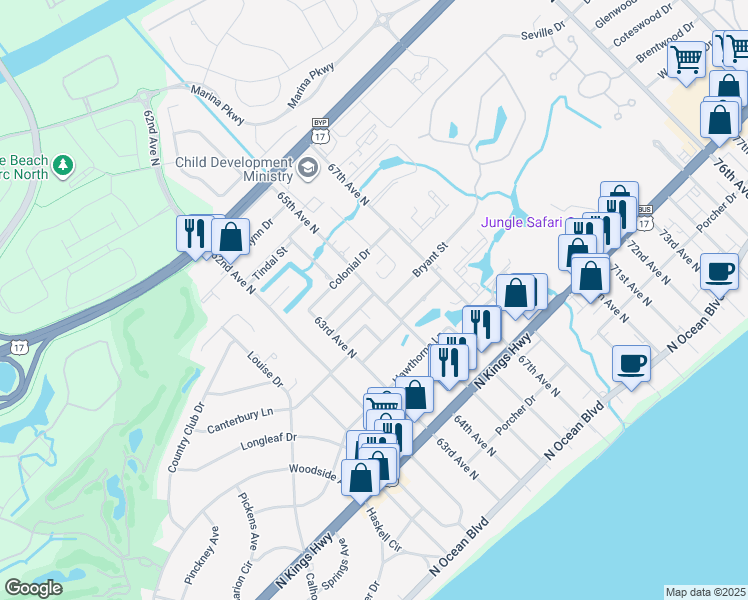 map of restaurants, bars, coffee shops, grocery stores, and more near 701 65th Avenue North in Myrtle Beach