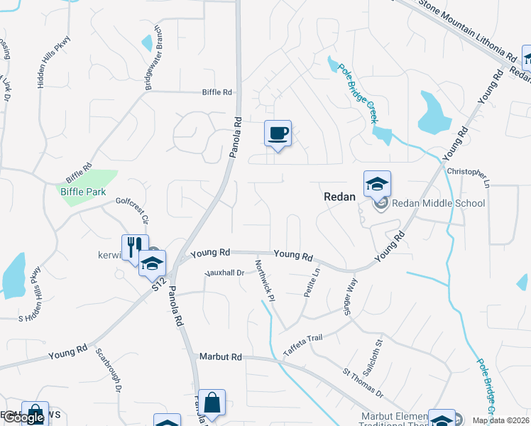 map of restaurants, bars, coffee shops, grocery stores, and more near 1708 Glen Arm Drive in Lithonia