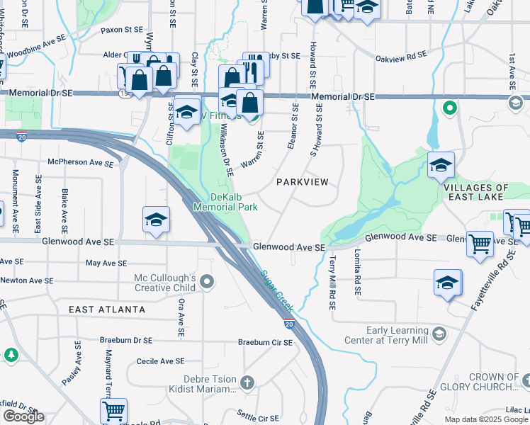 map of restaurants, bars, coffee shops, grocery stores, and more near 443 South Howard Street Southeast in Atlanta