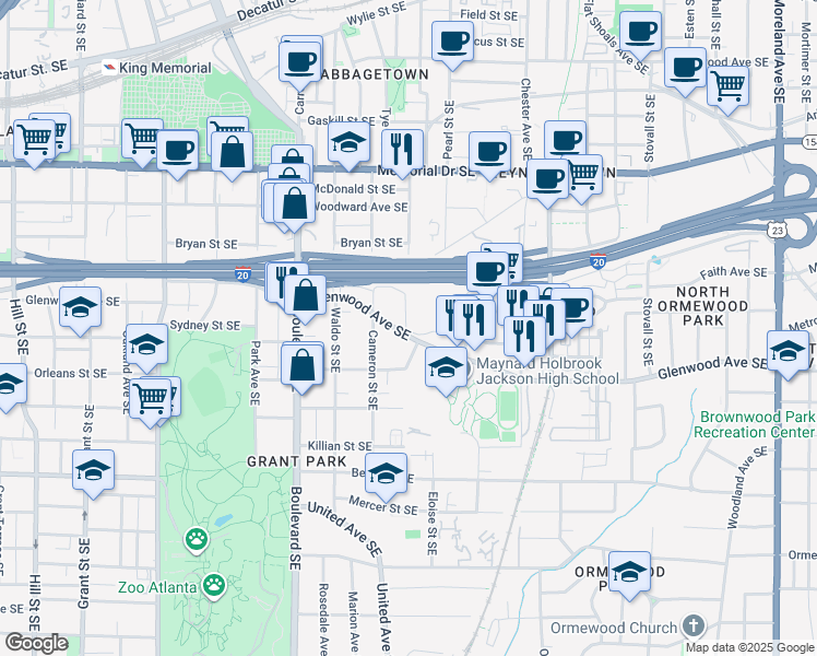 map of restaurants, bars, coffee shops, grocery stores, and more near 709 Glenwood Avenue Southeast in Atlanta