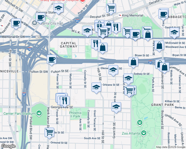 map of restaurants, bars, coffee shops, grocery stores, and more near 253 Sydney Street Southeast in Atlanta