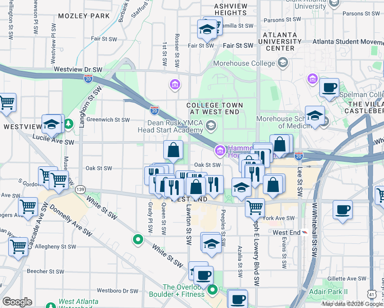 map of restaurants, bars, coffee shops, grocery stores, and more near 1073 Oak Street Southwest in Atlanta