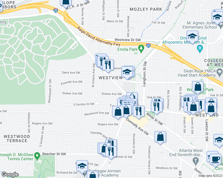 map of restaurants, bars, coffee shops, grocery stores, and more near 1485 Stokes Avenue Southwest in Atlanta