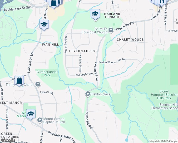 map of restaurants, bars, coffee shops, grocery stores, and more near 681 Fielding Lane Southwest in Atlanta