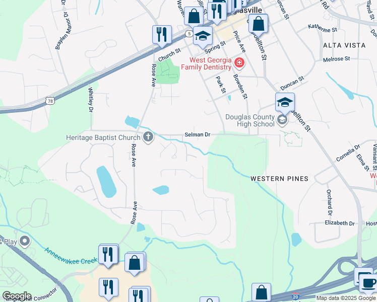 map of restaurants, bars, coffee shops, grocery stores, and more near 8882 Countryside Way in Douglasville