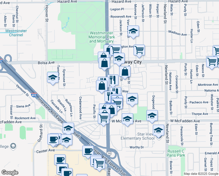 map of restaurants, bars, coffee shops, grocery stores, and more near 15300 Elmore Way in Midway City