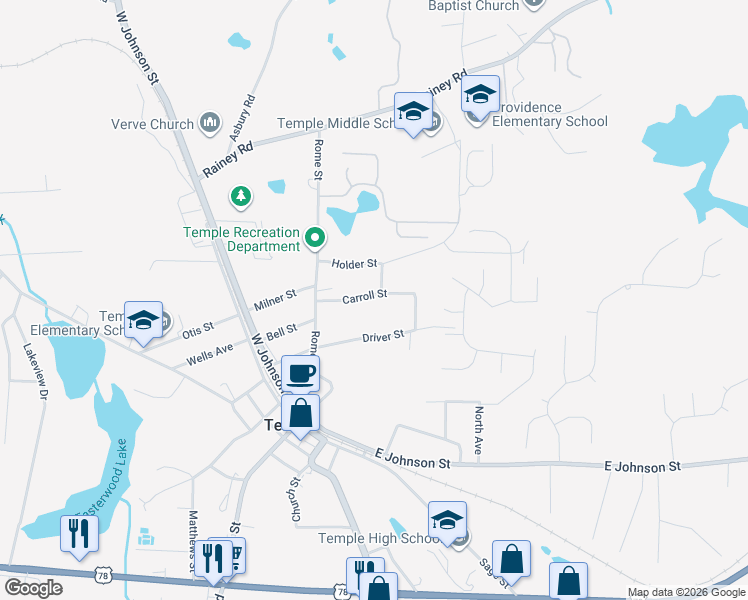 map of restaurants, bars, coffee shops, grocery stores, and more near 69 Carroll Street in Temple