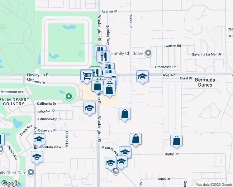 map of restaurants, bars, coffee shops, grocery stores, and more near 78136 Desert Mountain Circle in Bermuda Dunes