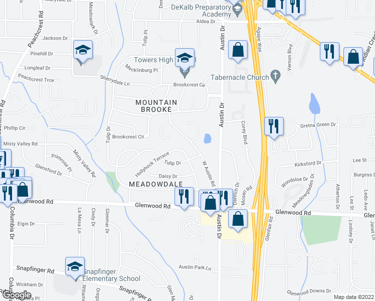 map of restaurants, bars, coffee shops, grocery stores, and more near 1645 Hollyhock Terrace in Decatur