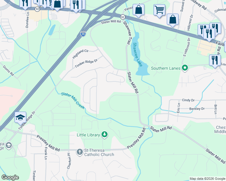 map of restaurants, bars, coffee shops, grocery stores, and more near 5329 Slater Mill Circle in Douglasville