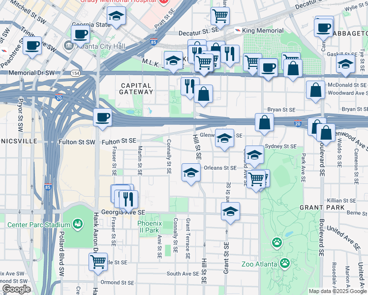 map of restaurants, bars, coffee shops, grocery stores, and more near 253 Sydney Street Southeast in Atlanta