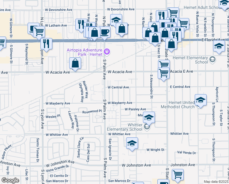 map of restaurants, bars, coffee shops, grocery stores, and more near 430 South Simpson Avenue in Hemet