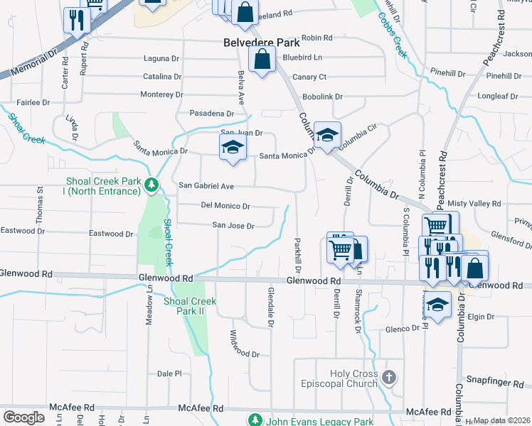 map of restaurants, bars, coffee shops, grocery stores, and more near 3084 San Jose Drive in Decatur