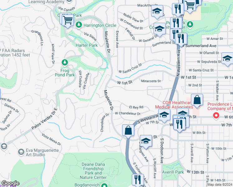 map of restaurants, bars, coffee shops, grocery stores, and more near 314 Miraleste Drive in Los Angeles