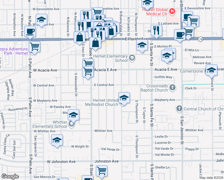 map of restaurants, bars, coffee shops, grocery stores, and more near 421 South Juanita Street in Hemet