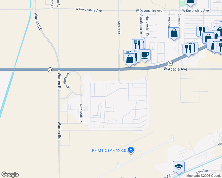 map of restaurants, bars, coffee shops, grocery stores, and more near 5001 West Florida Avenue in Hemet