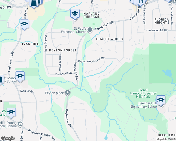 map of restaurants, bars, coffee shops, grocery stores, and more near 2720 Peyton Woods Court Southwest in Atlanta