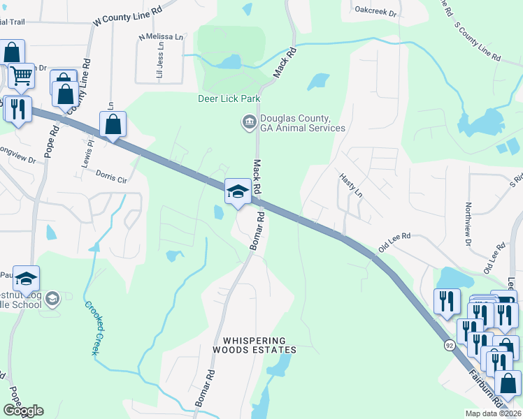 map of restaurants, bars, coffee shops, grocery stores, and more near 2401-2443 Bomar Road in Douglasville