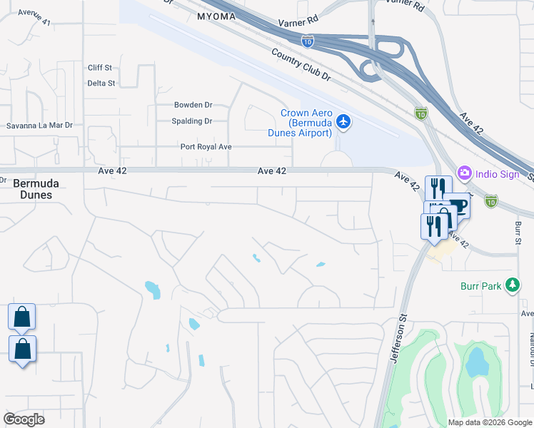 map of restaurants, bars, coffee shops, grocery stores, and more near 79625 Bermuda Dunes Drive in Bermuda Dunes