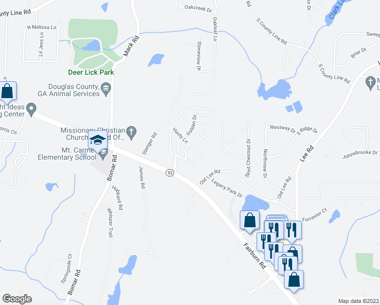 map of restaurants, bars, coffee shops, grocery stores, and more near Stuart Ln in Douglasville