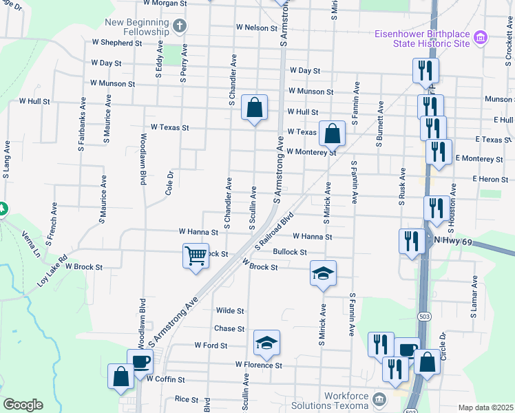 map of restaurants, bars, coffee shops, grocery stores, and more near 1501 South Armstrong Avenue in Denison