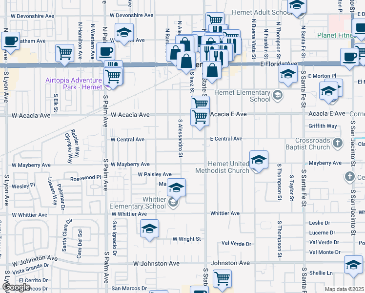 map of restaurants, bars, coffee shops, grocery stores, and more near 452 South Alessandro Street in Hemet