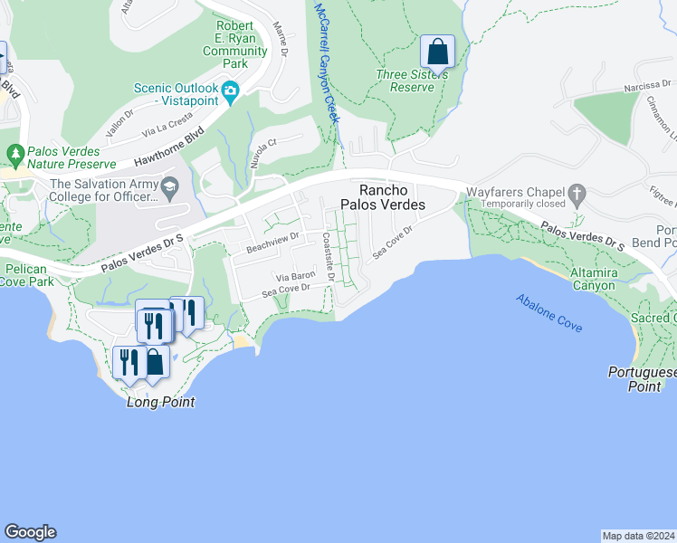 map of restaurants, bars, coffee shops, grocery stores, and more near 32724 Coastsite Drive in Rancho Palos Verdes