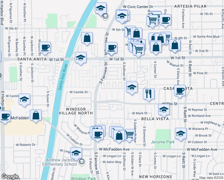 map of restaurants, bars, coffee shops, grocery stores, and more near 500 South Everglade Street in Santa Ana