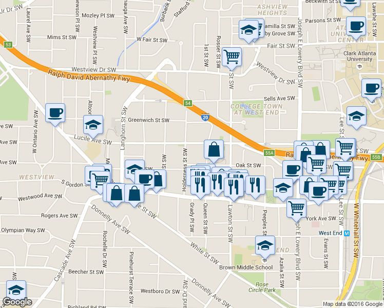 map of restaurants, bars, coffee shops, grocery stores, and more near 1167 Oak Street Southwest in Atlanta