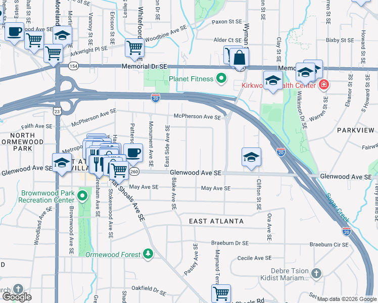 map of restaurants, bars, coffee shops, grocery stores, and more near 454 Blake Avenue Southeast in Atlanta