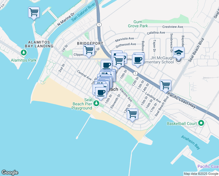 map of restaurants, bars, coffee shops, grocery stores, and more near 147 10th Street in Seal Beach