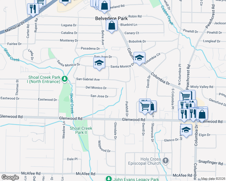 map of restaurants, bars, coffee shops, grocery stores, and more near 3084 San Jose Drive in Decatur