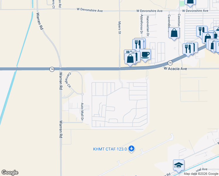 map of restaurants, bars, coffee shops, grocery stores, and more near 5001 West Florida Avenue in Hemet