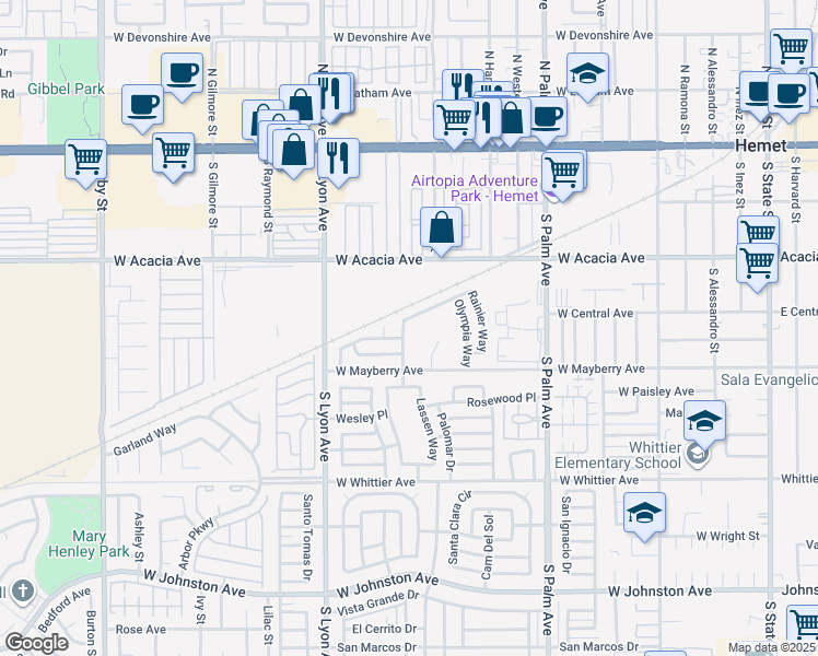 map of restaurants, bars, coffee shops, grocery stores, and more near 410 Panorama Drive in Hemet