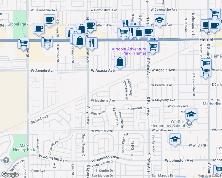 map of restaurants, bars, coffee shops, grocery stores, and more near 410 Panorama Drive in Hemet