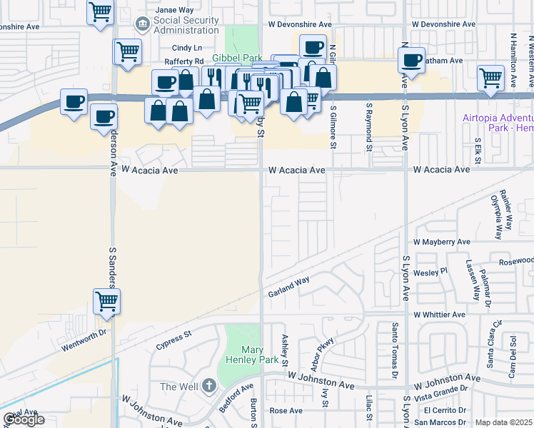 map of restaurants, bars, coffee shops, grocery stores, and more near 411 Carmel Way in Hemet