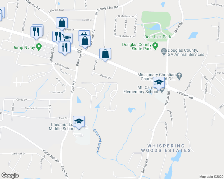map of restaurants, bars, coffee shops, grocery stores, and more near 2321 Pearl Meadow Court in Douglasville