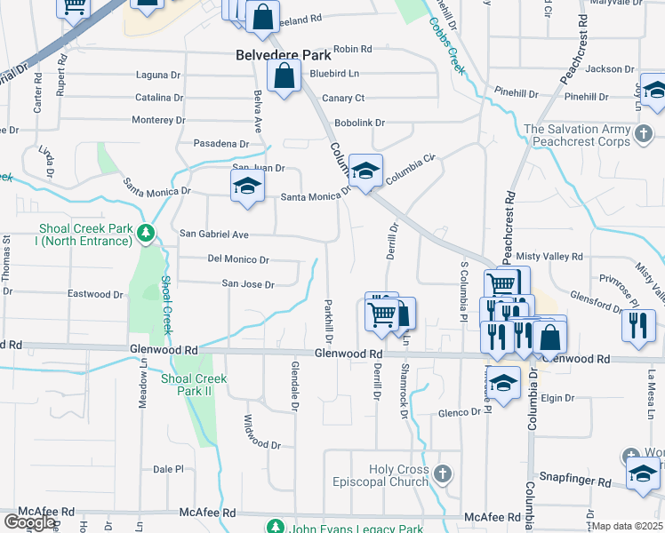 map of restaurants, bars, coffee shops, grocery stores, and more near 1720 Parkhill Drive in Decatur