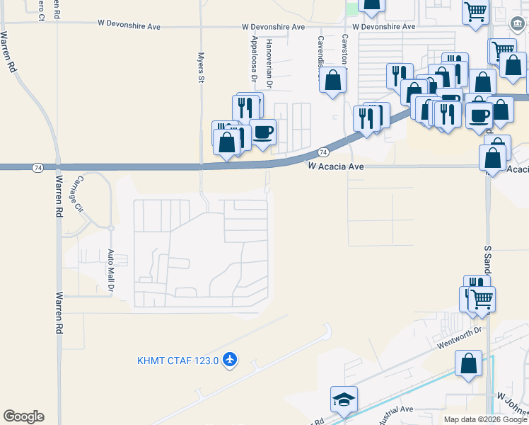 map of restaurants, bars, coffee shops, grocery stores, and more near 5001 West Florida Avenue in Hemet