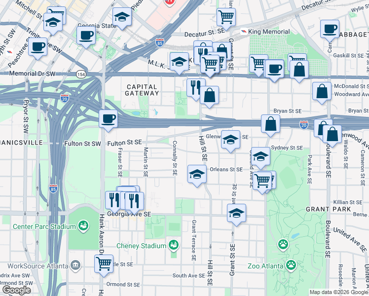 map of restaurants, bars, coffee shops, grocery stores, and more near 479 Kelly Street Southeast in Atlanta