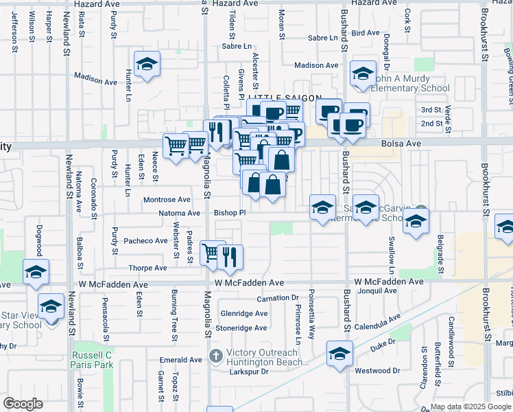 map of restaurants, bars, coffee shops, grocery stores, and more near 9201 Coronet Avenue in Westminster